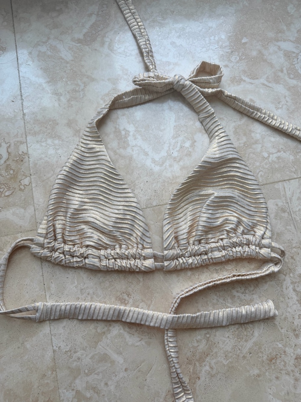 Luli Fama Cream Ribbed Halter Triangle Bikini Top